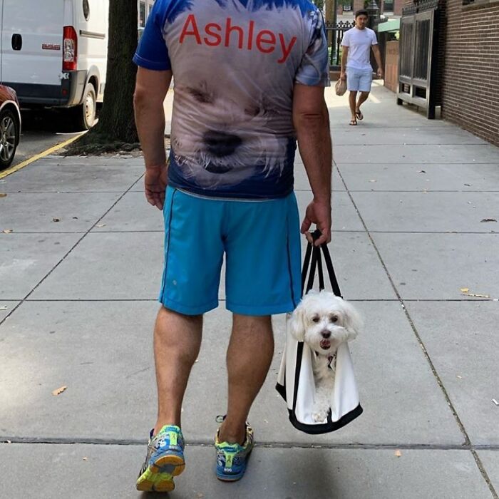 Man walking on sidewalk carrying small white dog in a bag, showing adorable moment of folks carrying dogs in bags.