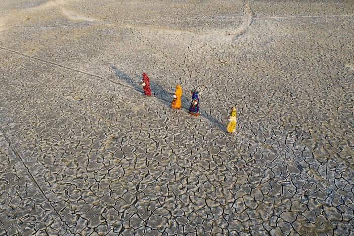 Four women in colorful dresses walking across dry, c*****d earth in an environmental photographer of the year winning image.