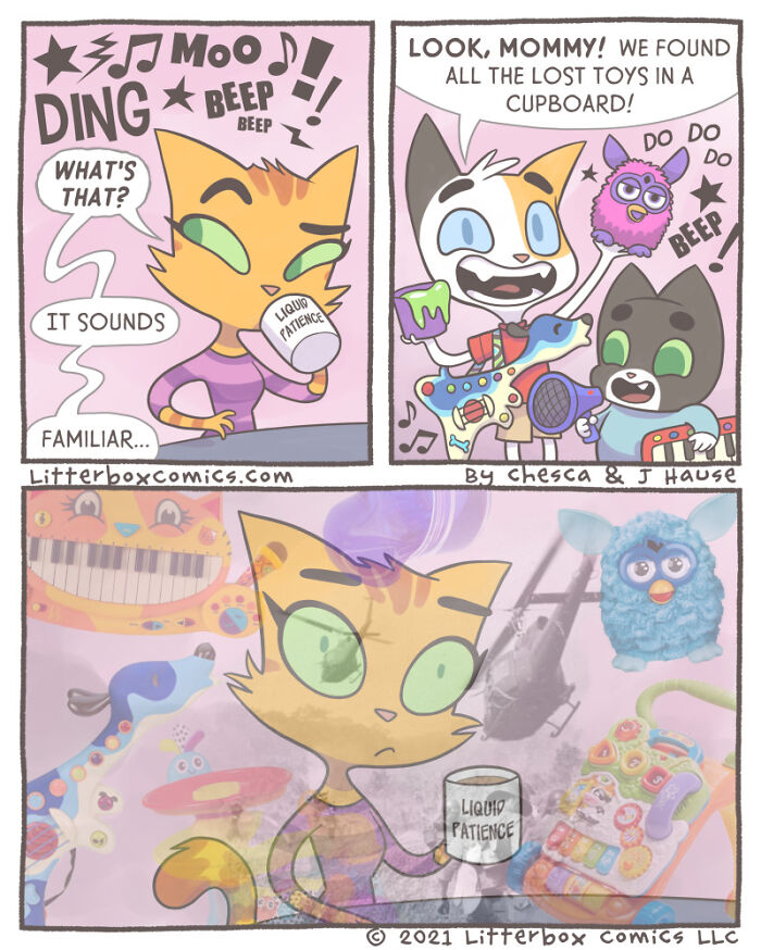 Comic panels showing a cat parenting experience with toys and a coffee cup labeled liquid patience featuring a feline twist.