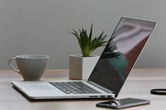 Laptop on wooden desk with white cup, small potted plant, and smartphone, illustrating ex-burglars tips on hiding stuff.