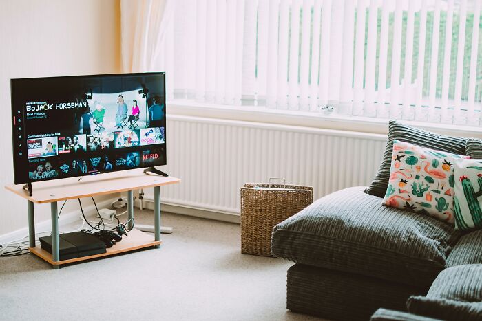 Cozy living room with a TV on a stand showing Netflix, highlighting tips from ex-burglars on where not to hide valuables.