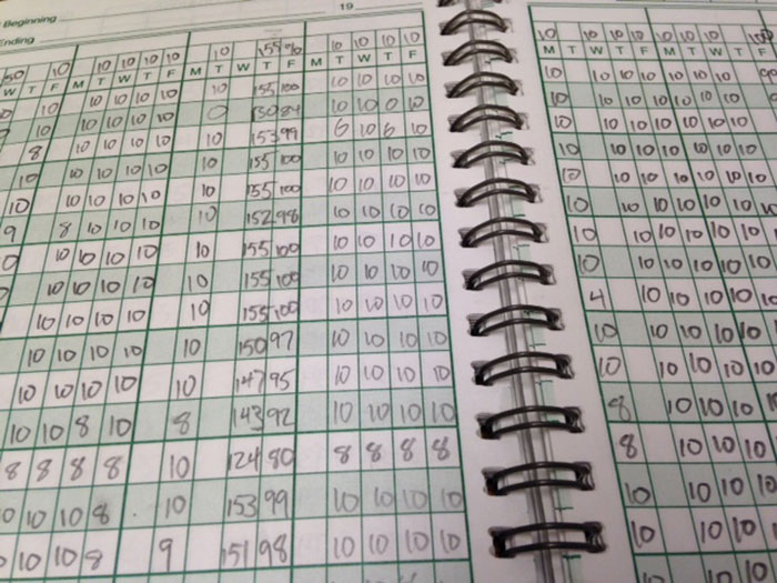 Close-up of a spiral-bound grade book filled with high scores, representing gifted students' academic records.