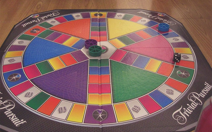 Trivial Pursuit board game with colored wedges and playing pieces symbolizing a gifted challenge and knowledge competition.