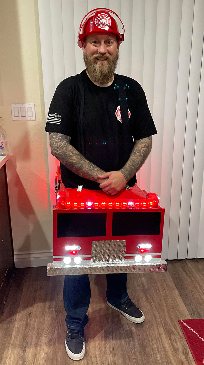 Wife Said I Was Too Fat To Be A Fireman & I Should Be A Firetruck. Joke's On Her, Now She Has To Go Trick-Or-Treating With Me