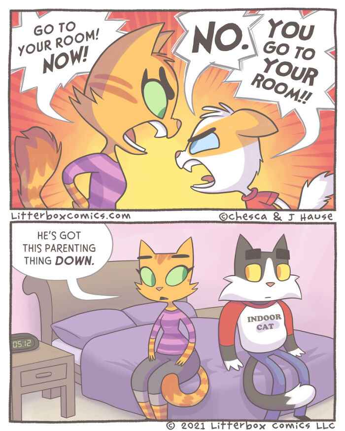 Cat parenting comic with feline characters arguing and reflecting on parenting skills in a humorous comic strip.