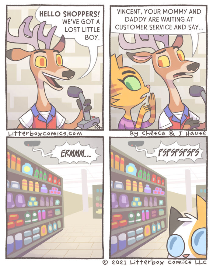 Comic strip from My Parenting Experience in Comics with a feline twist showing a lost boy announcement in a store.