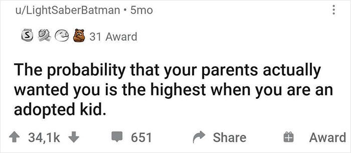 Humorous shower realization about being an adopted kid and parental desire.