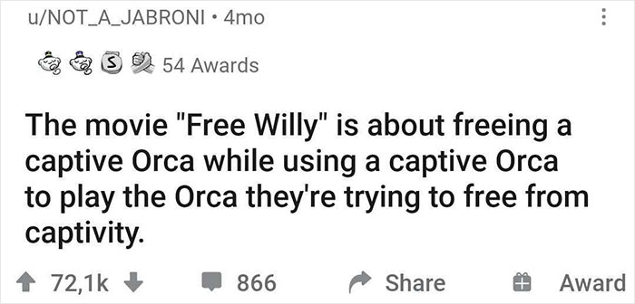 Reddit post humorously realizing "Free W***y" used a captive Orca to portray freeing one.