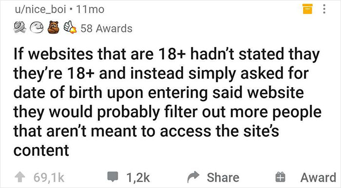 Text post humorously suggesting a more effective age verification for 18+ websites, highlighting shower thoughts.