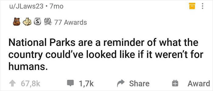 Text post humorously discussing the untouched beauty of national parks as a shower realization.