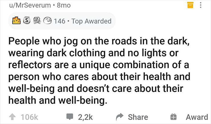 Text post with a funny realization about jogging in the dark, highlighting irony in caring about health.