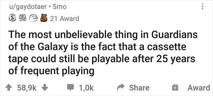 Reddit post humorously noting a cassette tape's longevity in Guardians of the Galaxy as unbelievable.