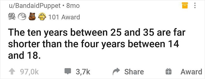 Social media post highlighting a funny realization about how time feels between ages 25-35 compared to 14-18.