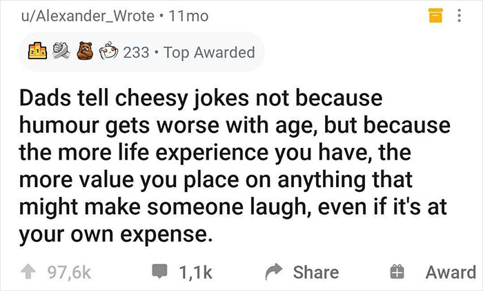 Text from an online community post humorously explains why dads tell cheesy jokes.