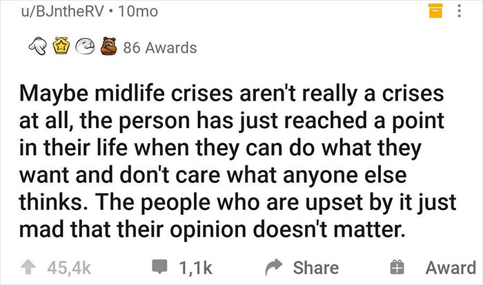 Reddit post with a humorous shower thought about midlife crises and self-acceptance, receiving 86 awards.