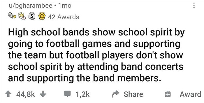 Funny realization about school spirit shared online, highlighting high school bands and football players.