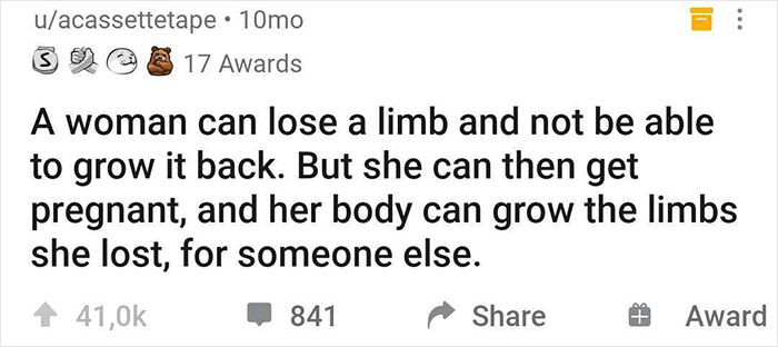 Funny shower realization about pregnancy and limb growth, shared by an online community.