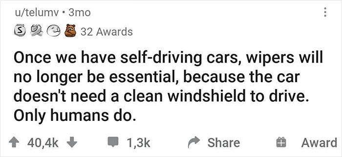Funny shower realization about self-driving cars not needing wipers, as shared by an online community.