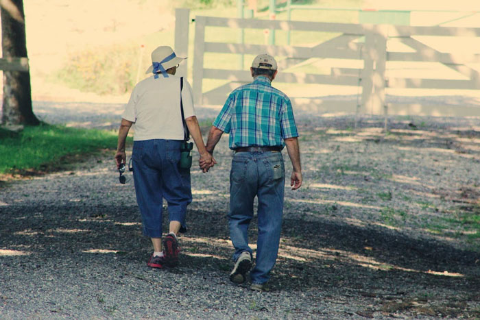 Elderly couple holding hands walking on a sunlit gravel path, symbolizing married life insights for unmarried people.