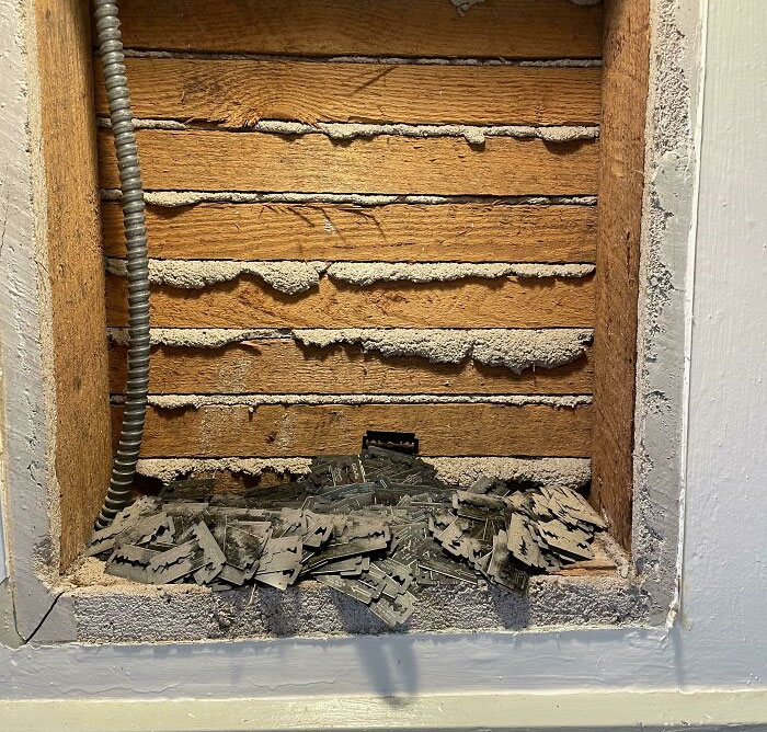 A Couple Pounds Of Razor Blades In My Wall. Apparently Old Medicine Cabinets Have A Disposal Slot