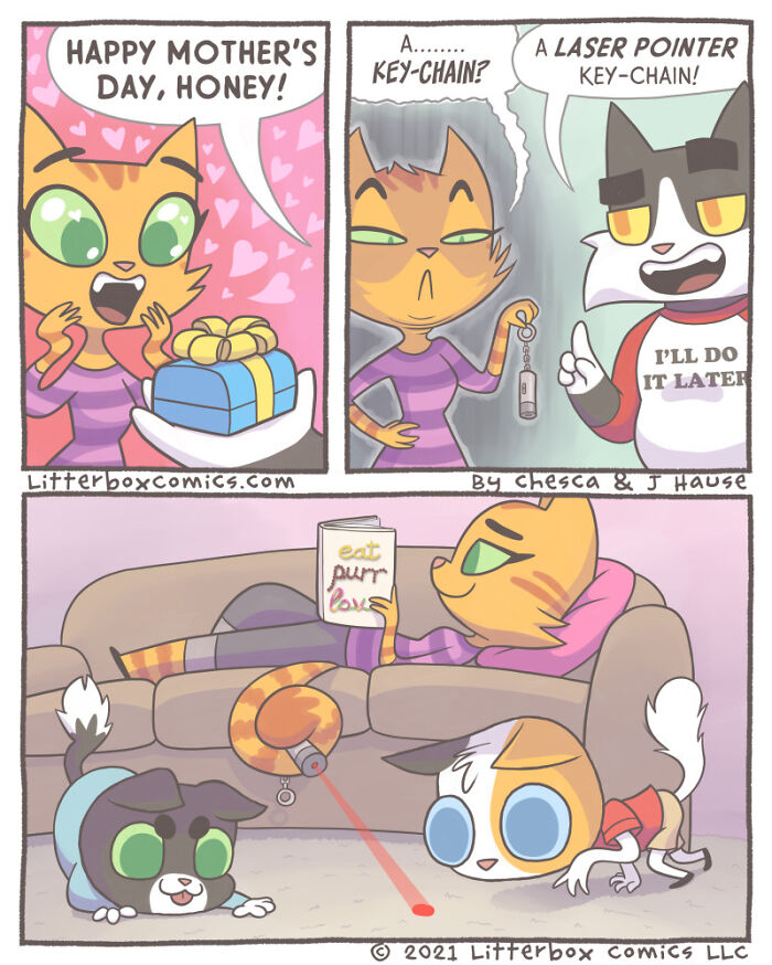 Comic panels showing playful cats with a laser pointer and a cat reading, illustrating feline parenting experience.