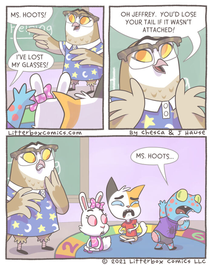 Comic panel showing an owl teacher interacting with animal students, featuring parenting experience with a feline twist.