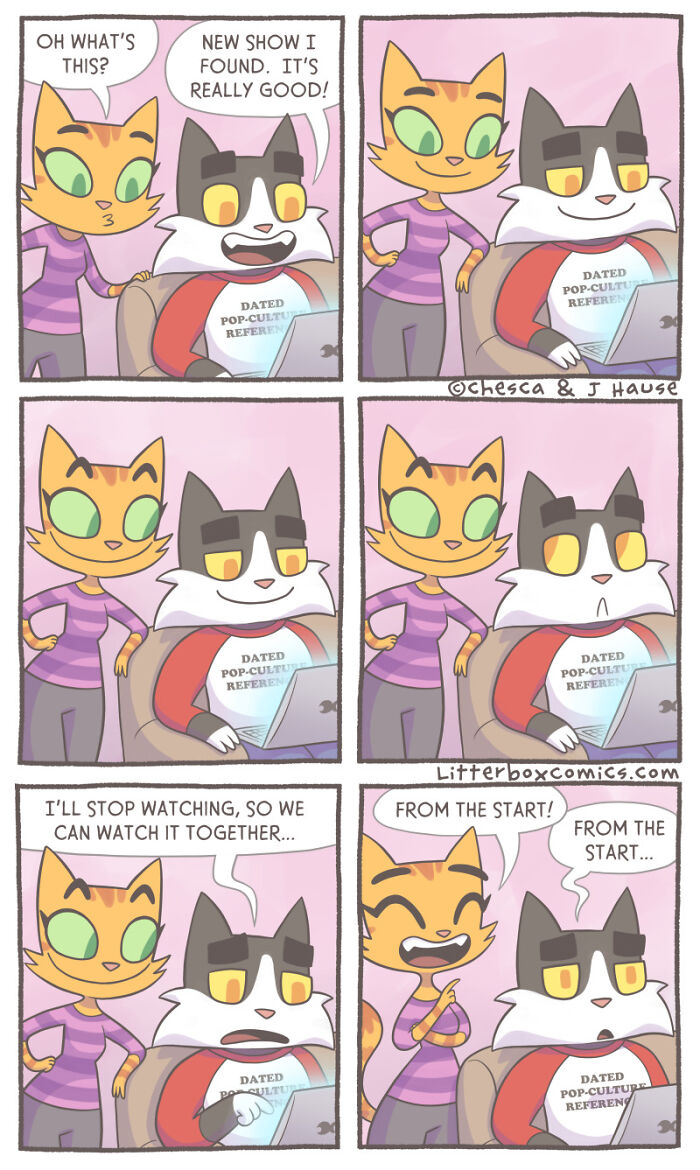 Comic strip featuring two anthropomorphic cats sharing a screen, illustrating parenting experience with a feline twist.