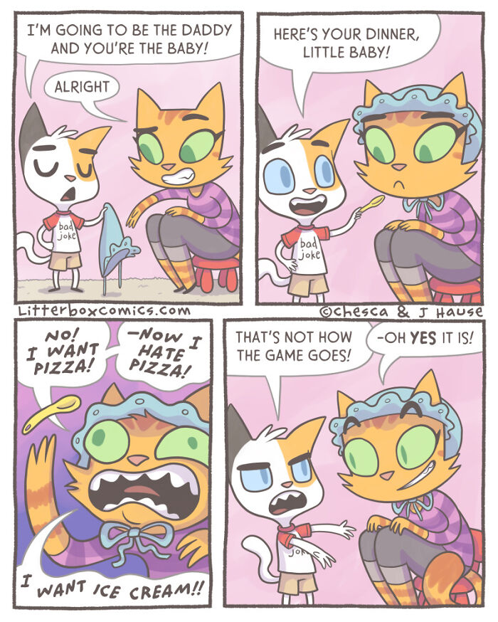 Comic strip featuring cats in a playful parenting scene with a humorous feline twist and childlike dialogue.