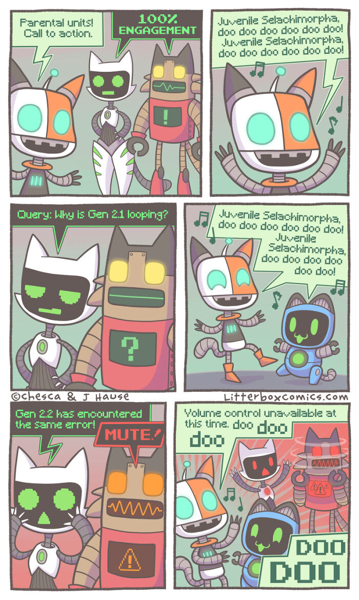 Comic strip featuring robotic cats with a feline twist illustrating playful and engaging moments of parenting experience.