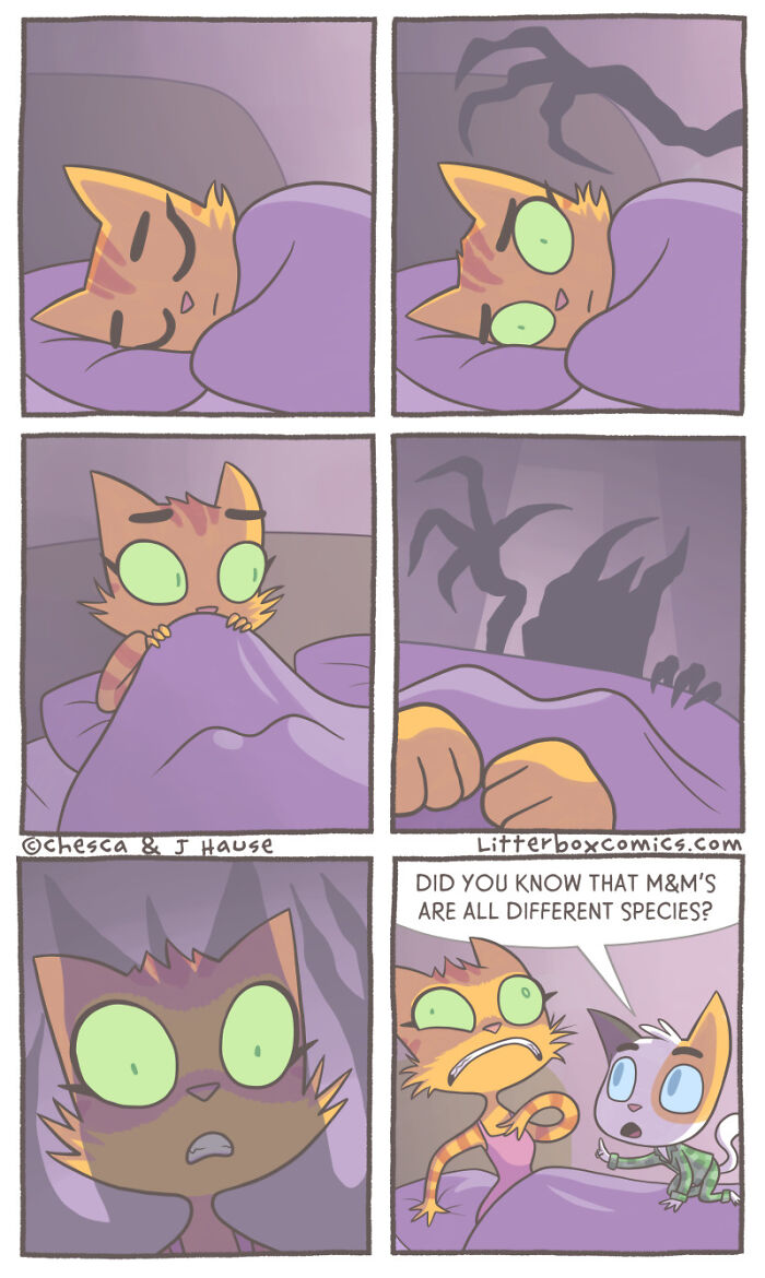 Comic panels showing a cat with wide eyes scared by shadows, highlighting a humorous parenting experience with a feline twist.