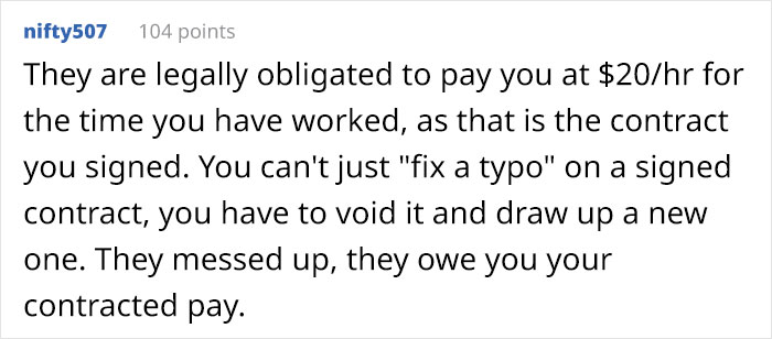 Person With Master&rsquo;s Degree Gets A Job Paying $20/Hr But When The Paycheck Comes And It&rsquo;s Only Half, The Employer Says The Agreement Has A Typo
