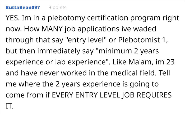 After A Person Brings Up How Unfair It Is To Require Years Of Experience For Starting Positions At A Company, Others Share What They Think