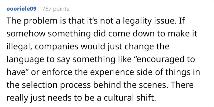 After A Person Brings Up How Unfair It Is To Require Years Of Experience For Starting Positions At A Company, Others Share What They Think