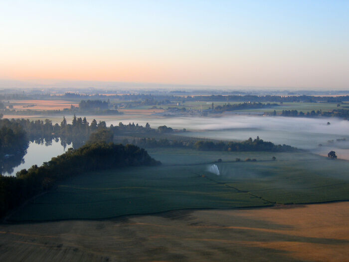 Sunrise Over Farms And Willamette River In Oregon