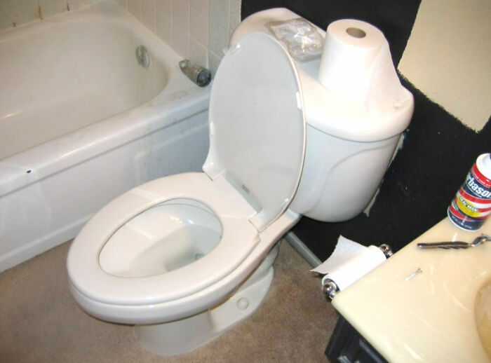 Bathroom with a white toilet, bathtub, and typical modern home trends that some people find annoying.