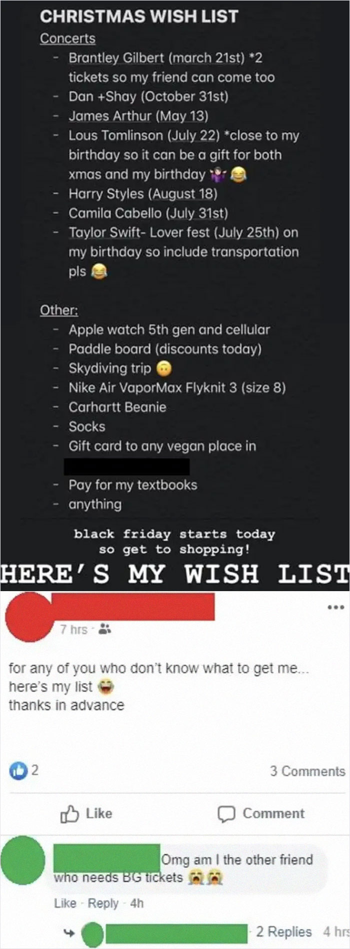 Friend Posted Their Excessive Christmas Wishlist On Facebook... On Thanksgiving Day