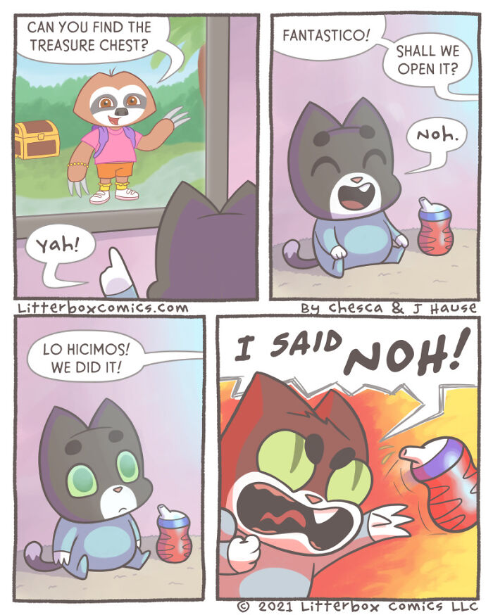 Comic strip featuring a feline character in a parenting scenario, with playful and expressive cat moments.