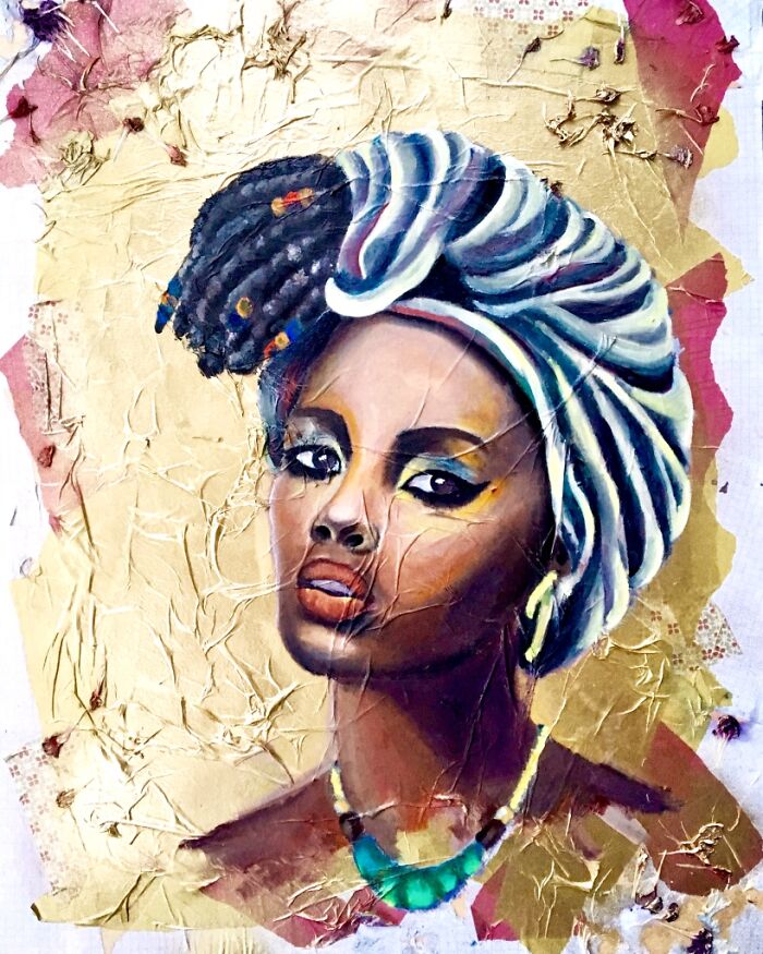 An Oil Painting On Wood W/ Dried Flowers & Wrapping Tissue