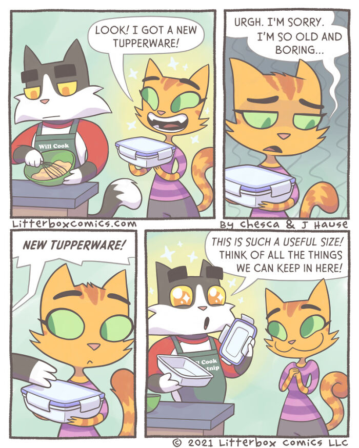 Comic strip featuring two cats discussing new Tupperware, blending parenting experience with a feline twist in a humorous scene.