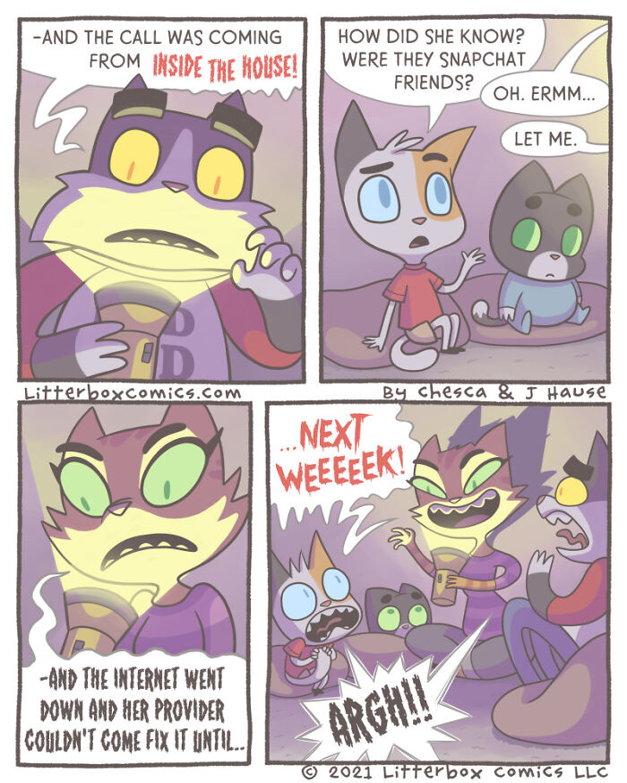 Comic panels featuring cartoon cats and a child illustrating parenting challenges with a humorous feline twist.