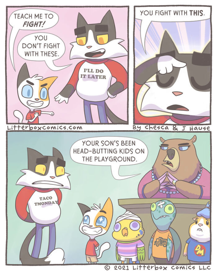 Comic panels showing a feline parenting experience with cats teaching lessons and interacting with other animal characters.