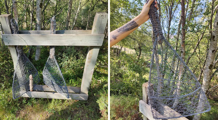 Encontrado en una excursión en los Highlands de Escocia. Parece hecho a mano, mango de madera y malla de alambre