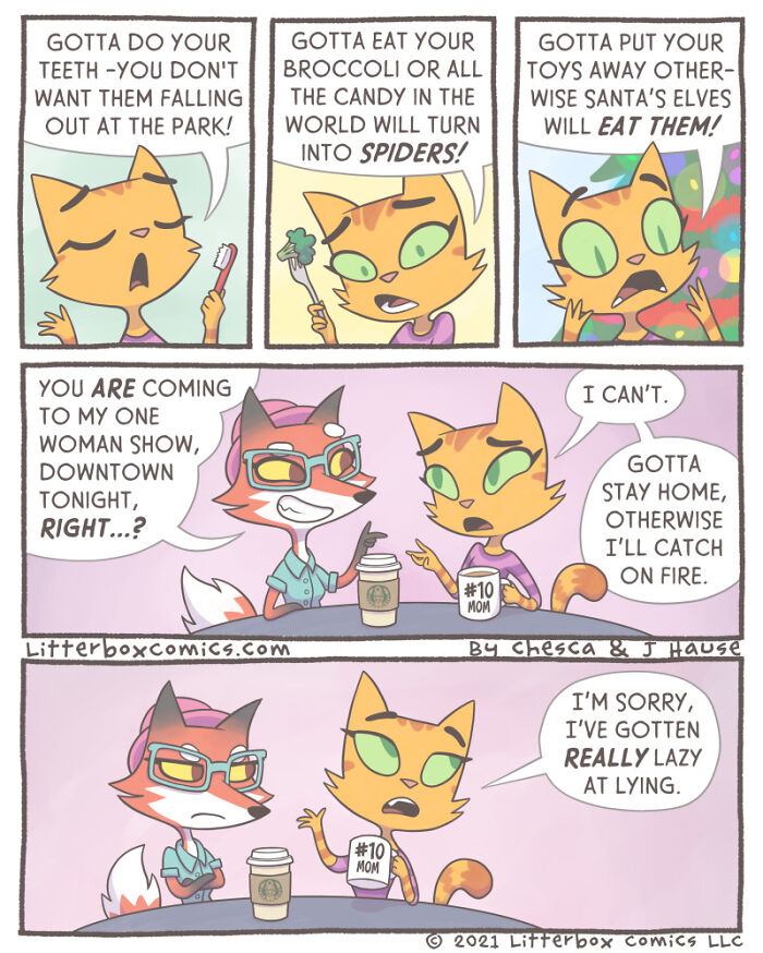 Comic strip featuring anthropomorphic cats showcasing a humorous parenting experience with a feline twist.