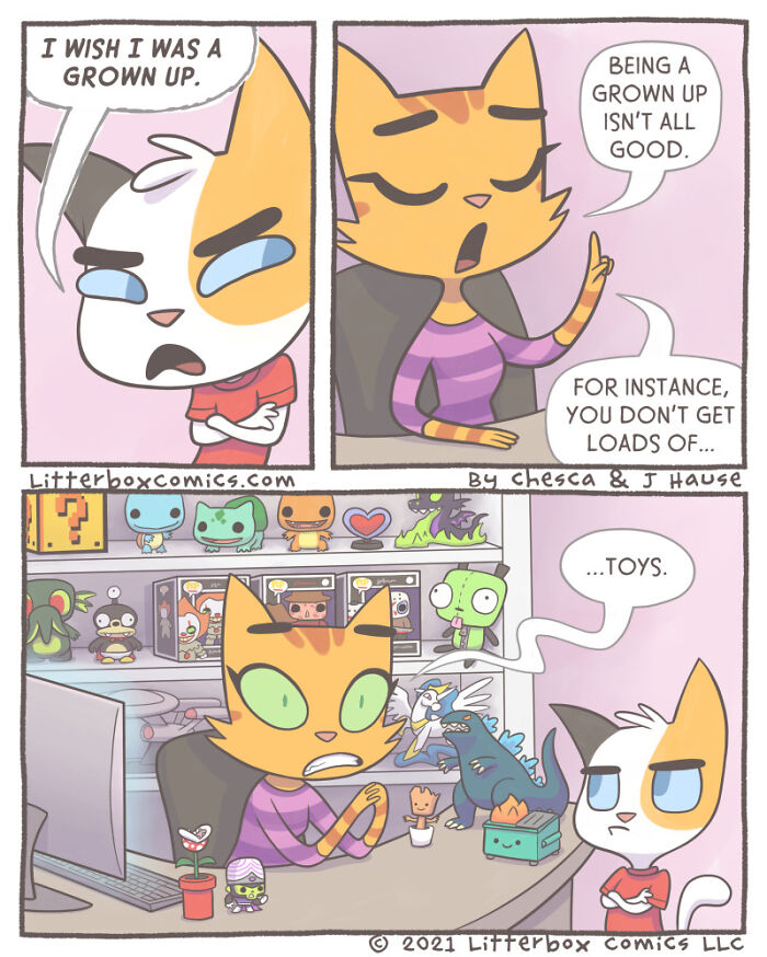 Two cats discussing grown-up life and toys in a colorful comic panel from a parenting experience with a feline twist.