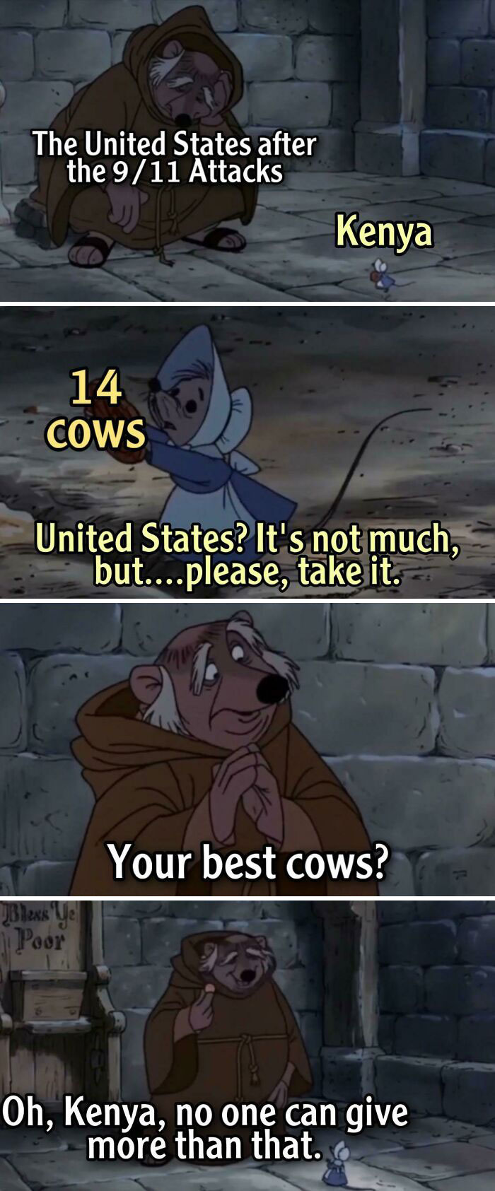 Animated meme from Disney's Robin Hood showing Kenya offering cows to the United States after 9/11, history memes humor.