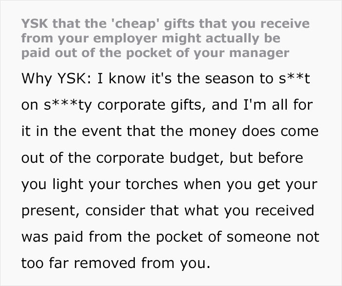 Folks Online Share Similar Stories After Guy Tells How He Understood His ‘Cheap’ $15 Company Christmas Gifts Were Actually Bought By Manager Folks Online Share Similar Stories After Guy Tells How He Understood His ‘Cheap’ $15 Company Christmas Gifts Were Actually Bought By Manager