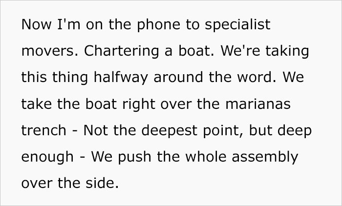 Text excerpt showing a guy explaining an elaborate plan to escape an assassin snail using a boat near the Marianas Trench.