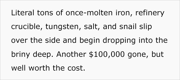 Text excerpt describing materials like molten iron, tungsten, salt, and snail slip dropped into the ocean as part of an elaborate plan involving an assassin snail.