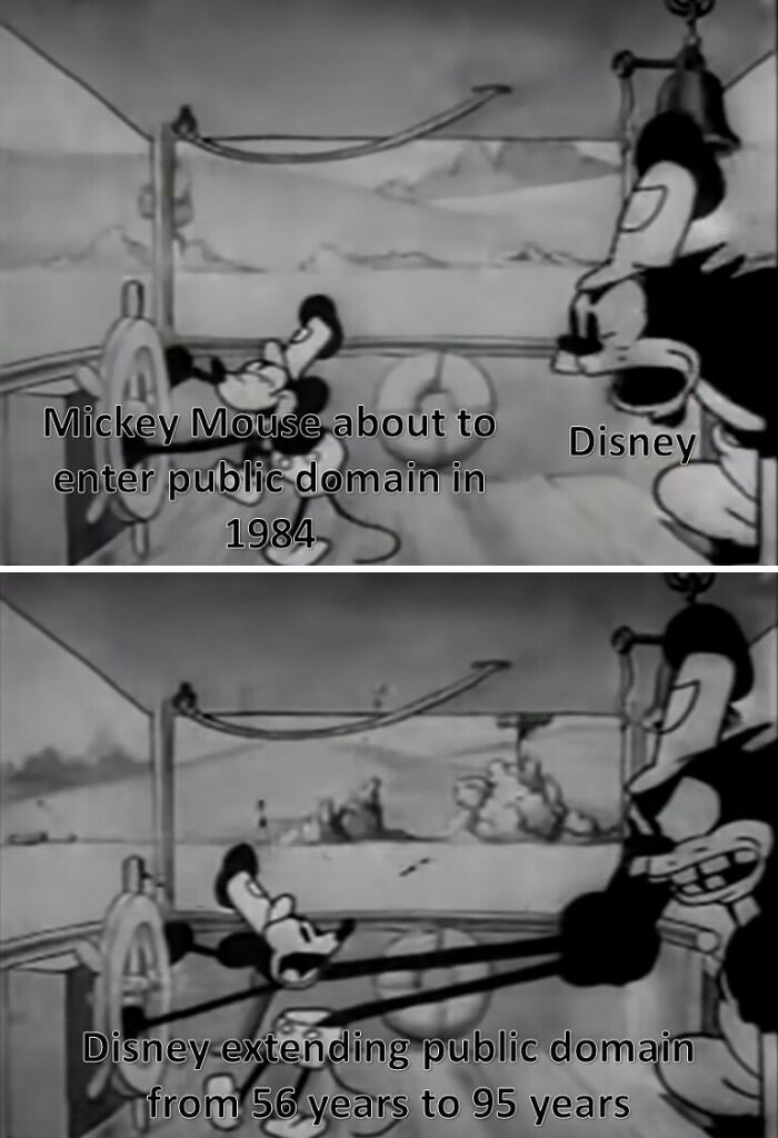 Classic black and white history meme showing Disney extending Mickey Mouse copyright from 56 to 95 years in public domain debate.