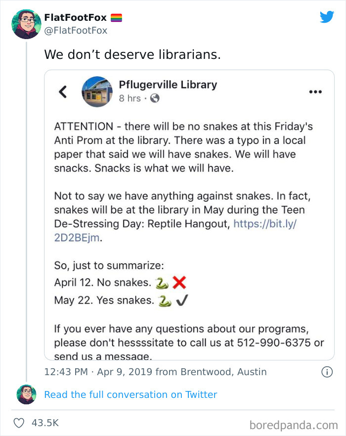Tweet from FlatFootFox sharing a funny library announcement about no snakes at anti prom, part of wholesome internet pictures.